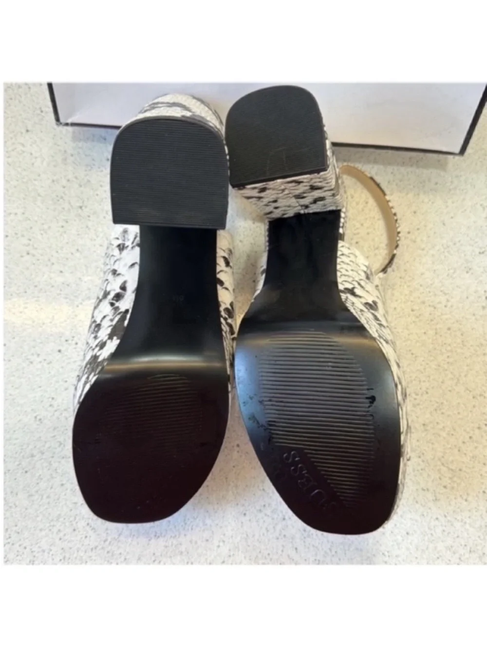 GUESS Snake-Print Platform Slingback Heels in Black & White
